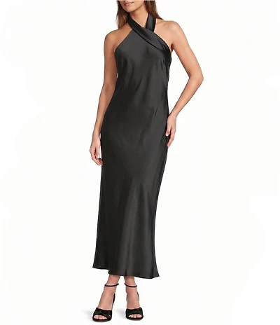 Antonio Melani Darah Black Satin Halter Neck Sleeveless Midi Dress