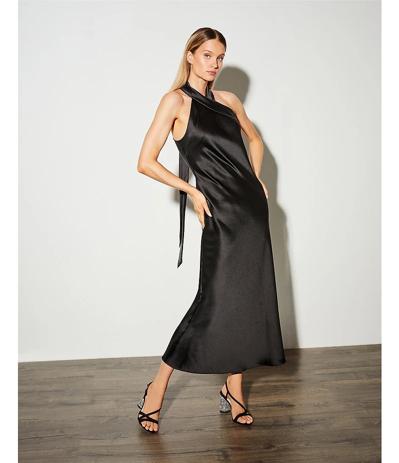 Antonio Melani Darah Black Satin Halter Neck Sleeveless Midi Dress