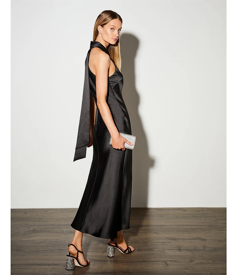 Antonio Melani Darah Black Satin Halter Neck Sleeveless Midi Dress