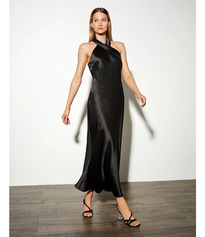 Antonio Melani Darah Black Satin Halter Neck Sleeveless Midi Dress