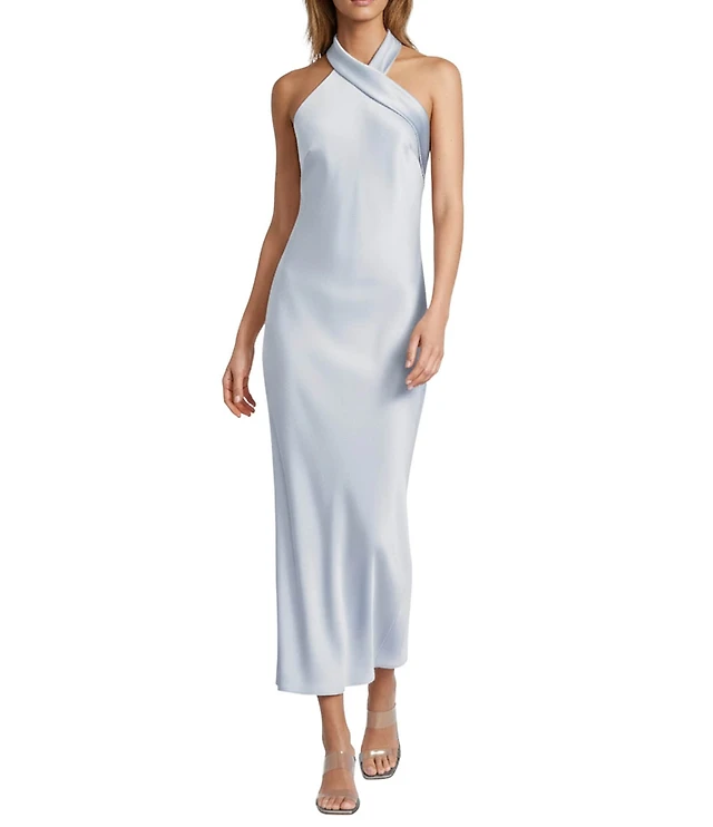 antonio melani halter dress Antonio Melani Darah Printed Satin Halter Neck Sleeveless Maxi Dress, Womens, 4, Coconut/Ivory