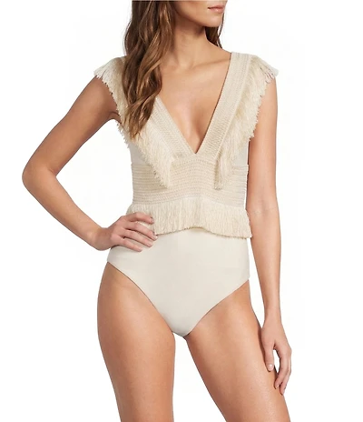 Antonio Melani Deep V-Neck Fringe Detail One Piece Swimsuit