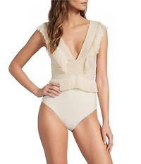 Antonio Melani Deep V-Neck Fringe Detail One Piece Swimsuit