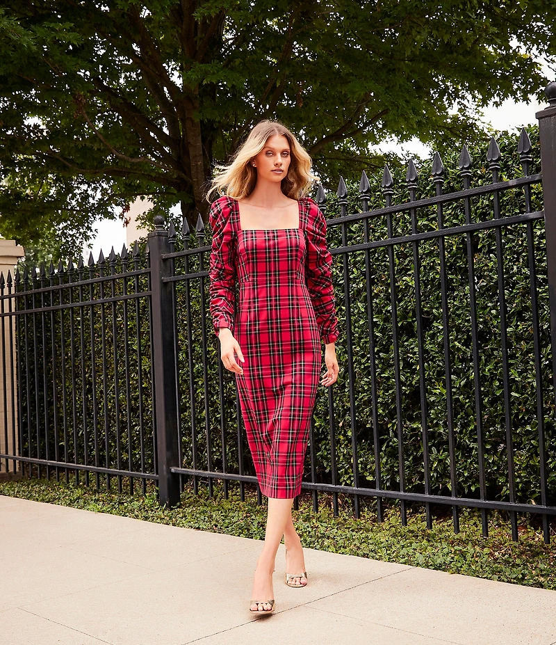 Antonio Melani Elena Plaid Square Neck Long Ruched Sleeve Dress
