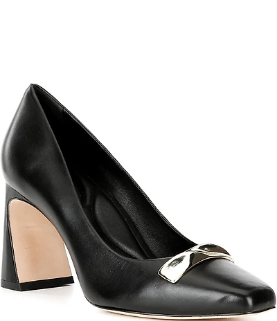 Antonio Melani Elsie Leather Bar Hardware Flared Heel Dress Pumps