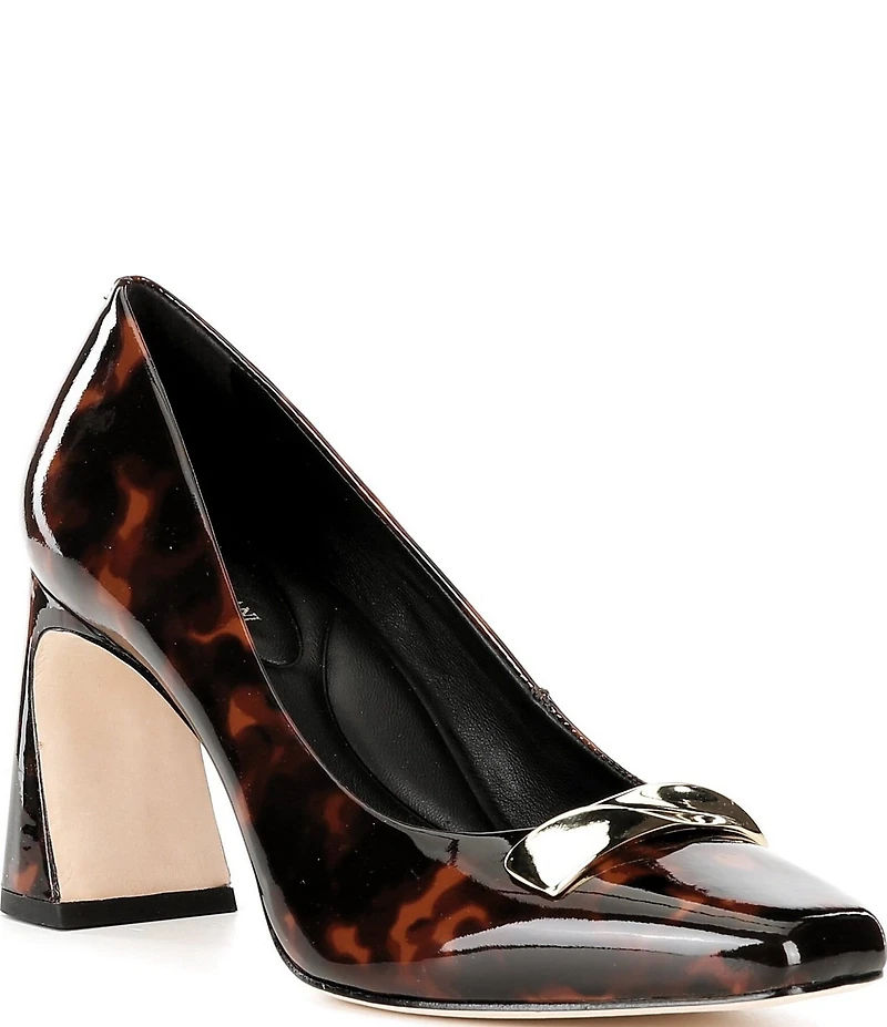 Antonio Melani Elsie Tortoise Patent Leather Ornamented Flared Heel Dress Pumps
