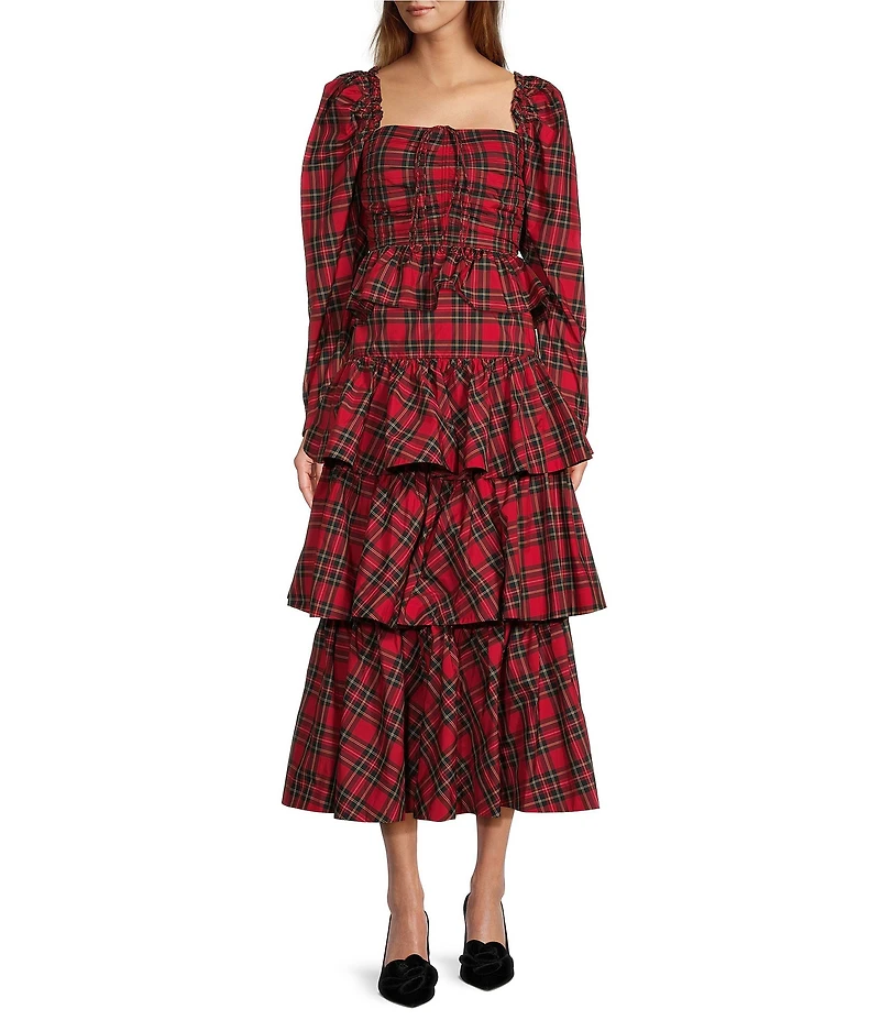 Antonio Melani Elvira Plaid Tie Square Neck Long Puffed Sleeve Blouse