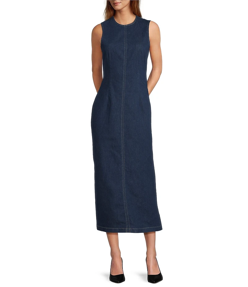 Antonio Melani Elvira Stretch Denim Round Neck Sleeveless Sheath Midi Dress