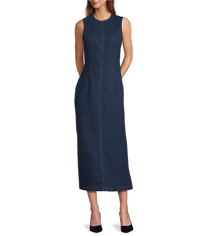Antonio Melani Elvira Stretch Denim Round Neck Sleeveless Sheath Midi Dress