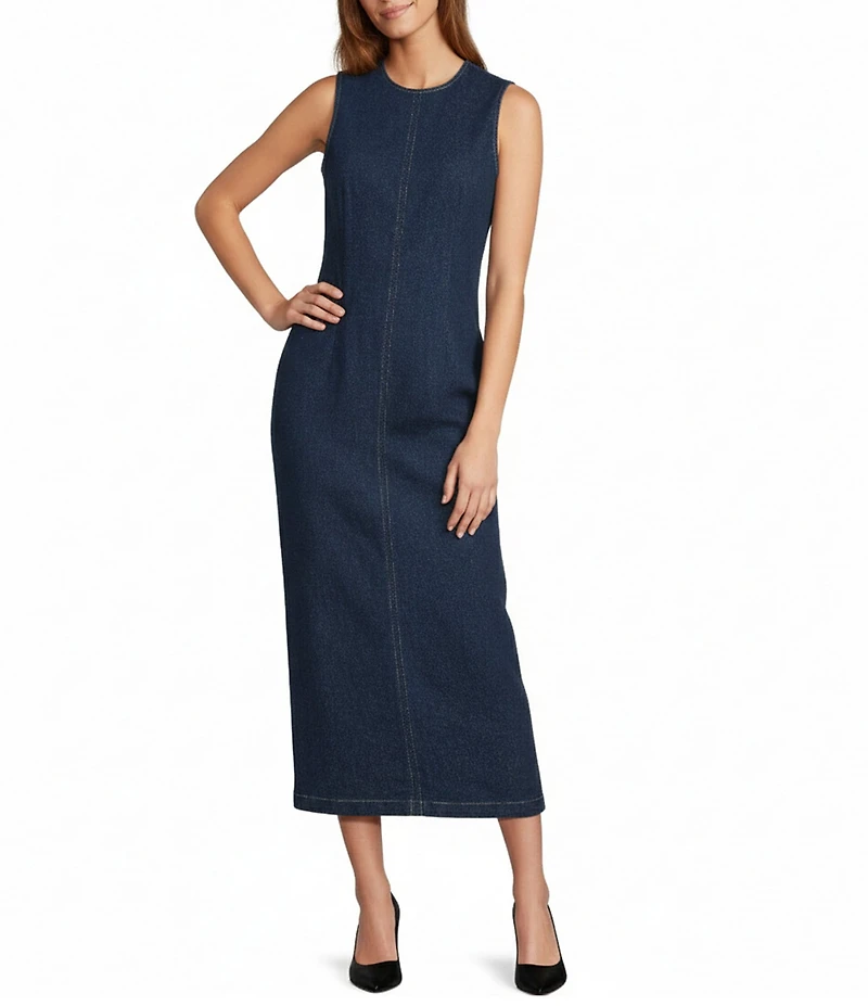 Antonio Melani Elvira Stretch Denim Round Neck Sleeveless Sheath Midi Dress