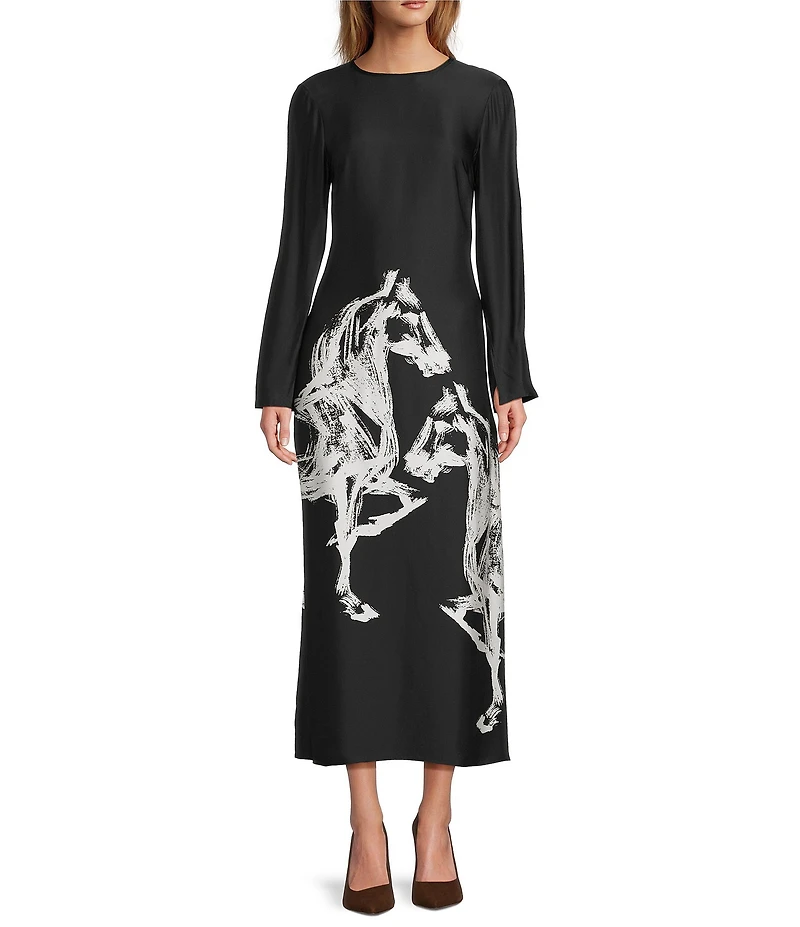 Antonio Melani Emerson Horse Print Satin Long Sleeve Round Neck Maxi Dress