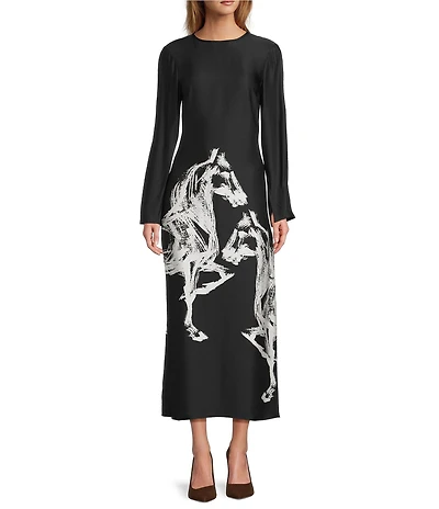 Antonio Melani Emerson Horse Print Satin Long Sleeve Round Neck Maxi Dress