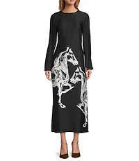 Antonio Melani Emerson Horse Print Satin Long Sleeve Round Neck Maxi Dress