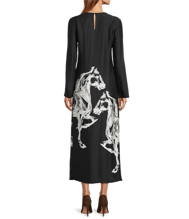 Antonio Melani Emerson Horse Print Satin Long Sleeve Round Neck Maxi Dress