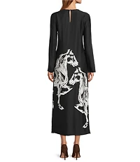 Antonio Melani Emerson Horse Print Satin Long Sleeve Round Neck Maxi Dress