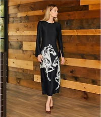 Antonio Melani Emerson Horse Print Satin Long Sleeve Round Neck Maxi Dress