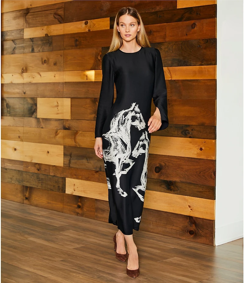 Antonio Melani Emerson Horse Print Satin Long Sleeve Round Neck Maxi Dress