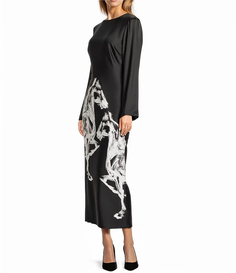 Antonio Melani Emerson Horse Print Satin Long Sleeve Round Neck Maxi Dress
