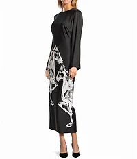 Antonio Melani Emerson Horse Print Satin Long Sleeve Round Neck Maxi Dress