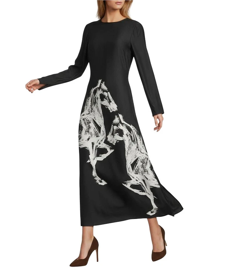 Antonio Melani Emerson Horse Print Satin Long Sleeve Round Neck Maxi Dress