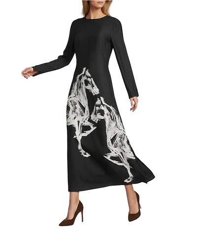Antonio Melani Emerson Horse Print Satin Long Sleeve Round Neck Maxi Dress