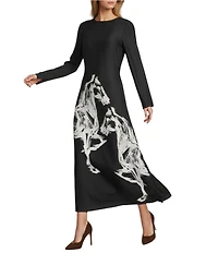 Antonio Melani Emerson Horse Print Satin Long Sleeve Round Neck Maxi Dress