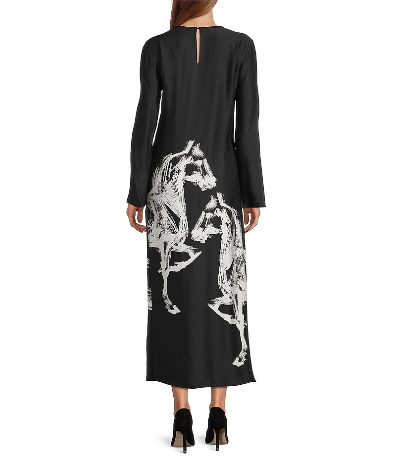 Antonio Melani Emerson Horse Print Satin Long Sleeve Round Neck Maxi Dress