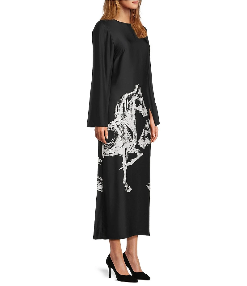 Antonio Melani Emerson Horse Print Satin Long Sleeve Round Neck Maxi Dress
