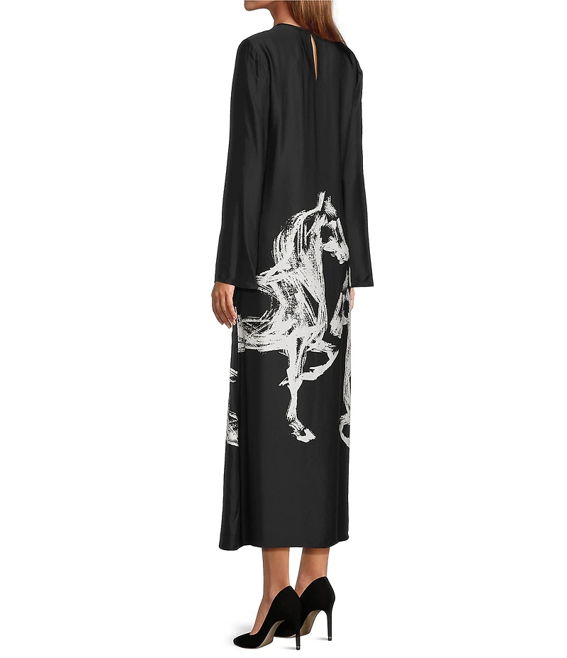 Antonio Melani Emerson Horse Print Satin Long Sleeve Round Neck Maxi Dress