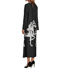 Antonio Melani Emerson Horse Print Satin Long Sleeve Round Neck Maxi Dress