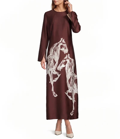 Antonio Melani Emerson Horse Western Print Satin Long Sleeve Round Neck Maxi Dress