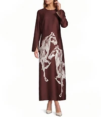 Antonio Melani Emerson Horse Western Print Satin Long Sleeve Round Neck Maxi Dress