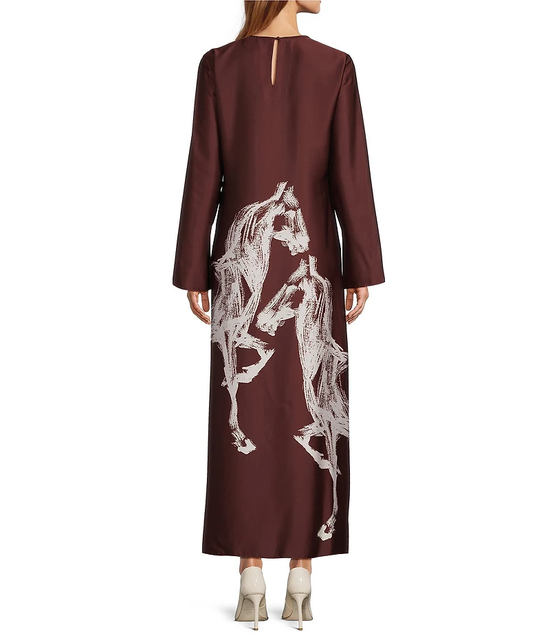 Antonio Melani Emerson Horse Western Print Satin Long Sleeve Round Neck Maxi Dress