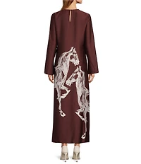 Antonio Melani Emerson Horse Western Print Satin Long Sleeve Round Neck Maxi Dress