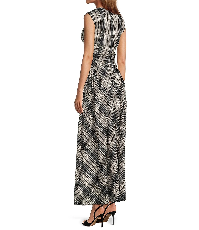 Antonio Melani Erica Sleeveless Boat Neck Plaid Fit and Flare Maxi Dress