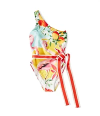 Antonio Melani Flamingos Ribbon Belt Cut Out One Shoulder One Piece Swimsuit