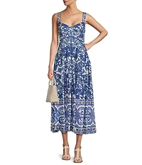 Antonio Melani Gabriela Printed Cotton Poplin Sweetheart Neckline Sleeveless A-line Midi Dress
