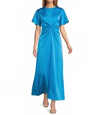 Antonio Melani Gabriella Satin Ruched Jewel Neck Short Sleeve Flounce Midi Dress