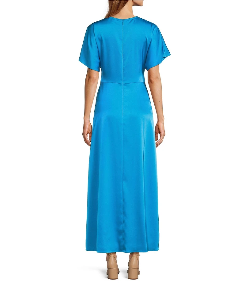 Antonio Melani Gabriella Satin Ruched Jewel Neck Short Sleeve Flounce Midi Dress