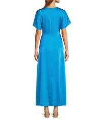 Antonio Melani Gabriella Satin Ruched Jewel Neck Short Sleeve Flounce Midi Dress