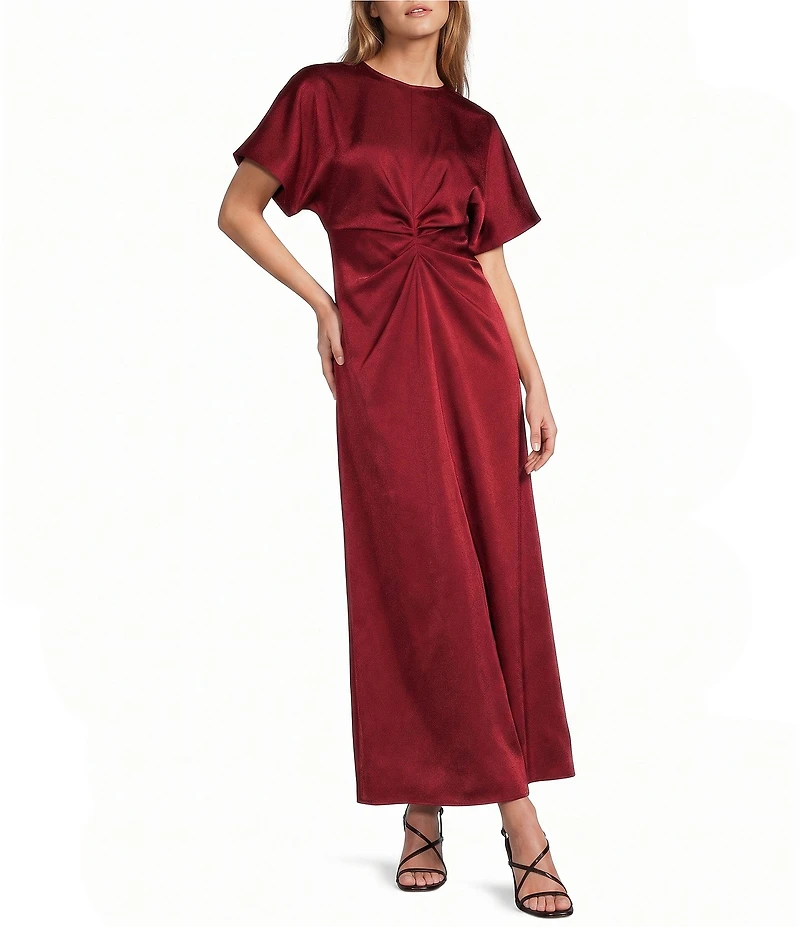 Antonio Melani Gabriella Satin Ruched Jewel Neck Short Sleeve Flounce Midi Dress