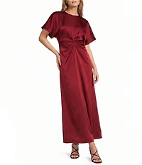 Antonio Melani Gabriella Satin Ruched Jewel Neck Short Sleeve Flounce Midi Dress