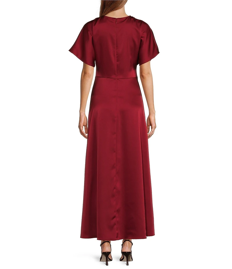 Antonio Melani Gabriella Satin Ruched Jewel Neck Short Sleeve Flounce Midi Dress