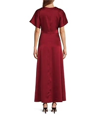 Antonio Melani Gabriella Satin Ruched Jewel Neck Short Sleeve Flounce Midi Dress