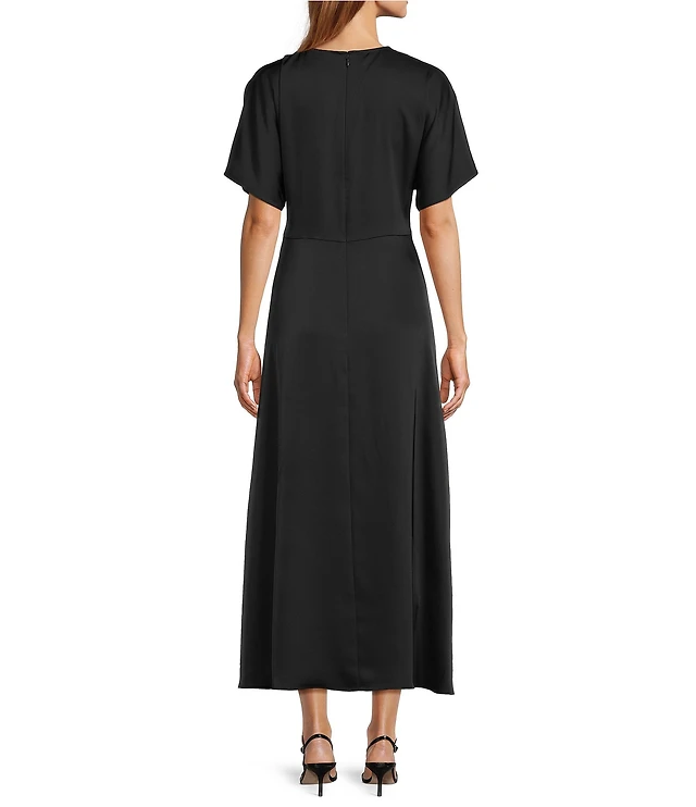 antonio melani gabriella crew neck short sleeve satin maxi dress Antonio Melani Gabriella Satin Ruched Jewel Neck Short Sleeve Flounce Midi Dress at Hamilton Place in Chattanooga, TN