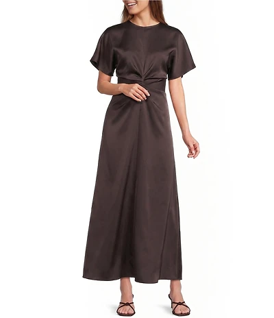 Antonio Melani Gabriella Satin Ruched Jewel Neck Short Sleeve Flounce Midi Dress