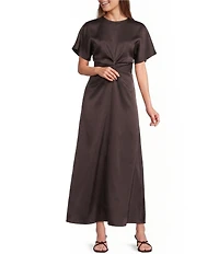 Antonio Melani Gabriella Satin Ruched Jewel Neck Short Sleeve Flounce Midi Dress