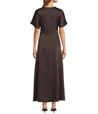 Antonio Melani Gabriella Satin Ruched Jewel Neck Short Sleeve Flounce Midi Dress