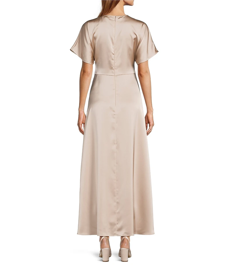 Antonio Melani Gabriella Satin Ruched Jewel Neck Short Sleeve Flounce Midi Dress