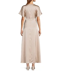 Antonio Melani Gabriella Satin Ruched Jewel Neck Short Sleeve Flounce Midi Dress